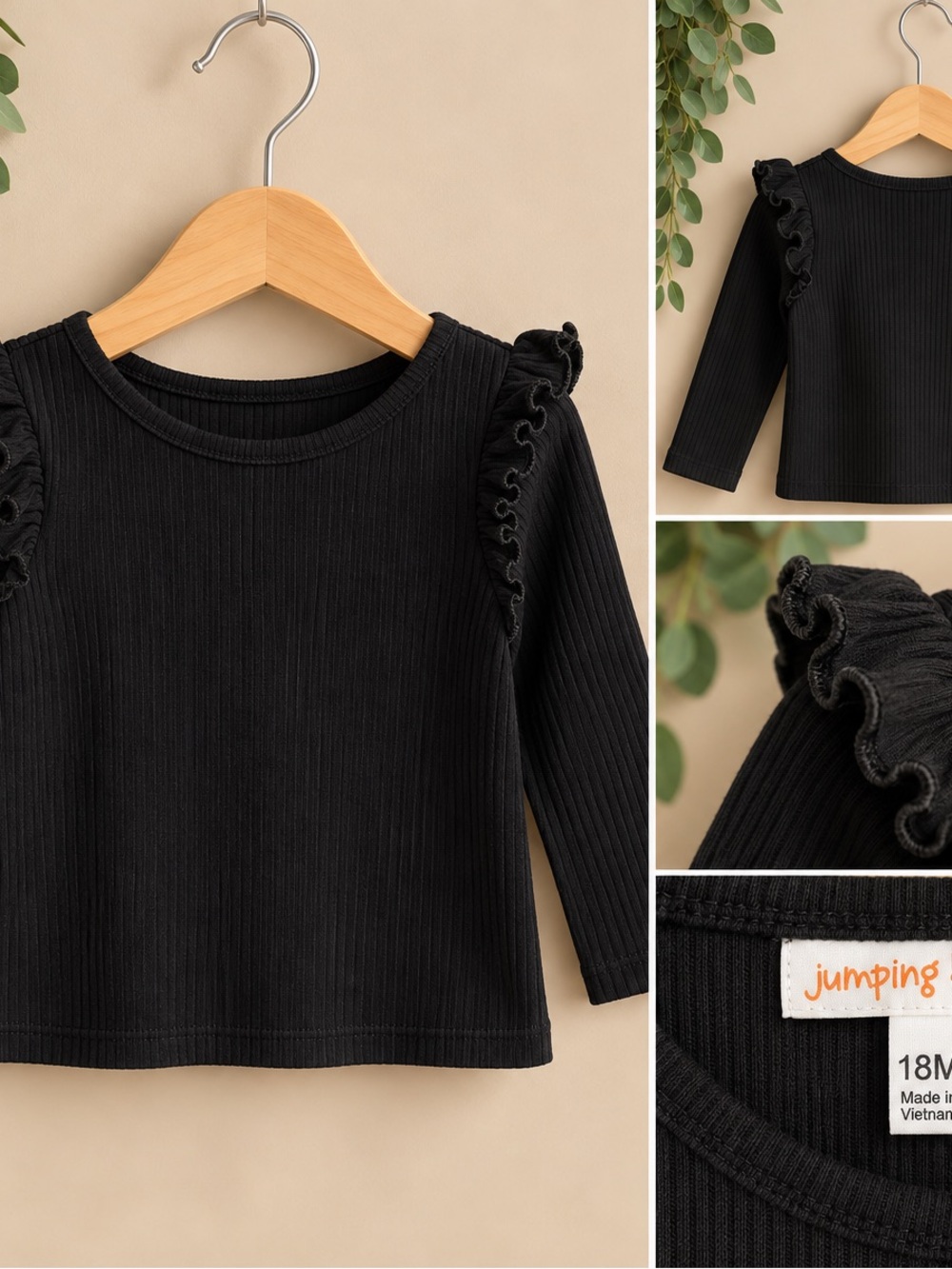 jumping beans Black Ribbed Long Sleeve Top with Ruffle Shoulders